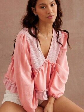 Women's Pink V-Neck Ruffle Blouse